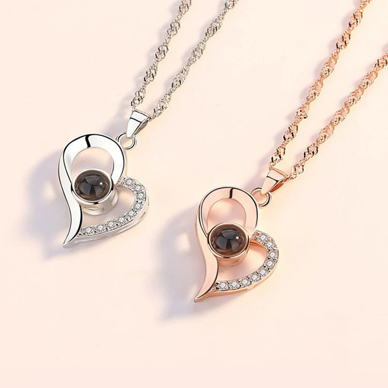 Enchanting Love Heart Projection Necklace - 100 Languages I Love You Pendant with Elegant Rose Gift Box for Your Special Someone