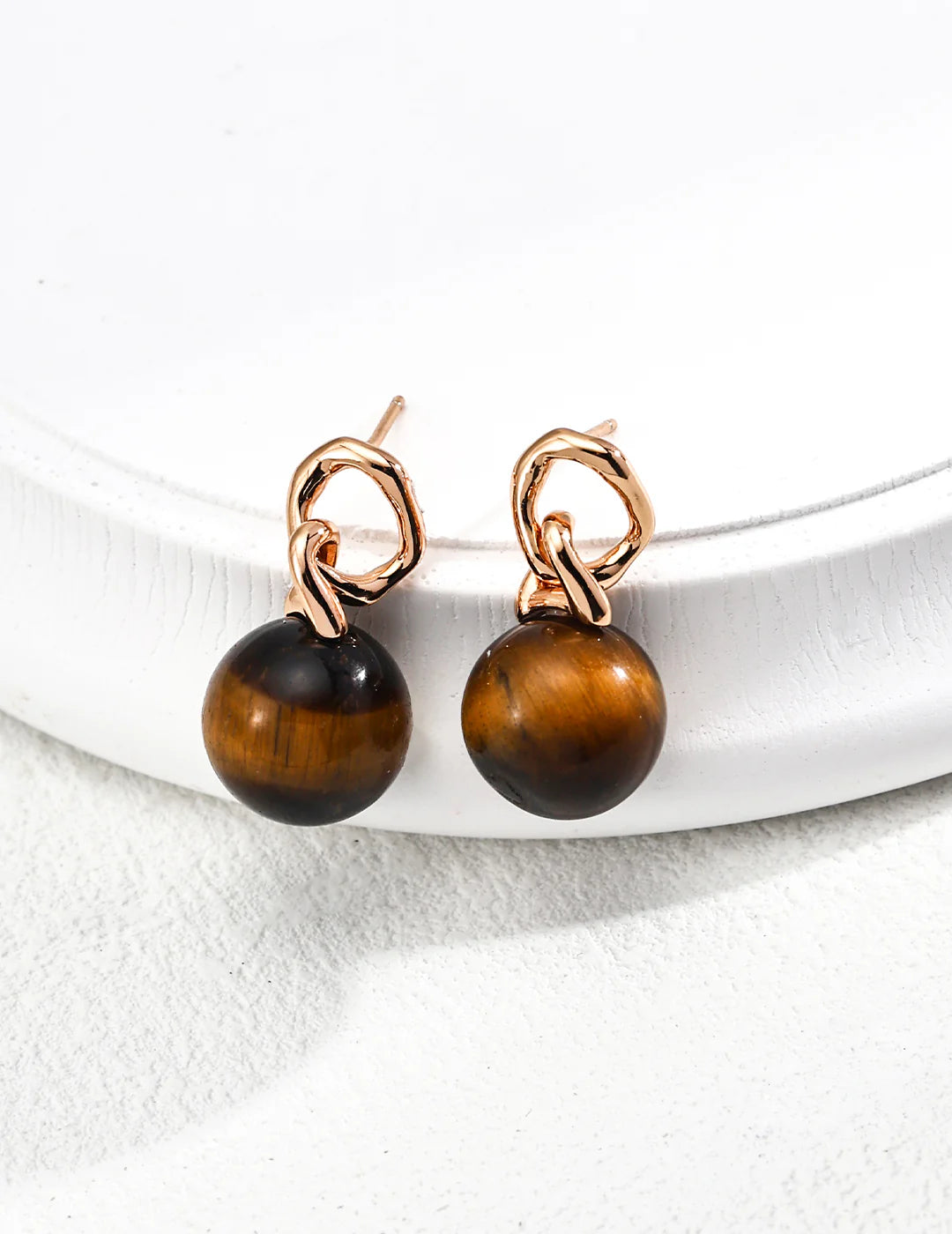 Elegant Round Tiger's Eye Earrings with Gold Vermeil Accents