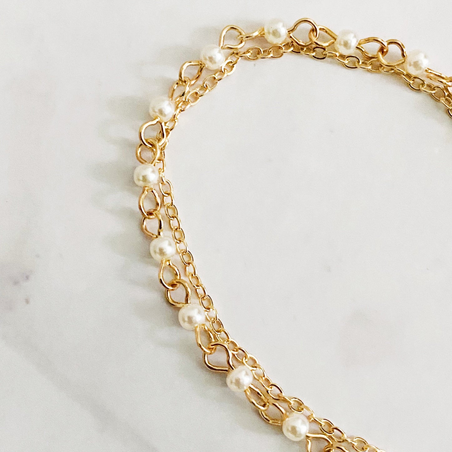 Elegant Layered Pearl Chain Bracelet with Heart Charm