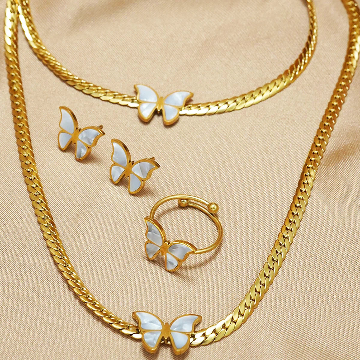 Elegant 4-Piece 18K Gold Plated Butterfly Jewelry Set: Necklace, Earrings, Bracelet, and Ring