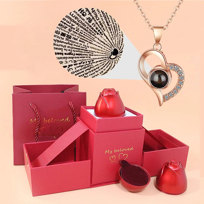 Enchanting Love Heart Projection Necklace - 100 Languages I Love You Pendant with Elegant Rose Gift Box for Your Special Someone