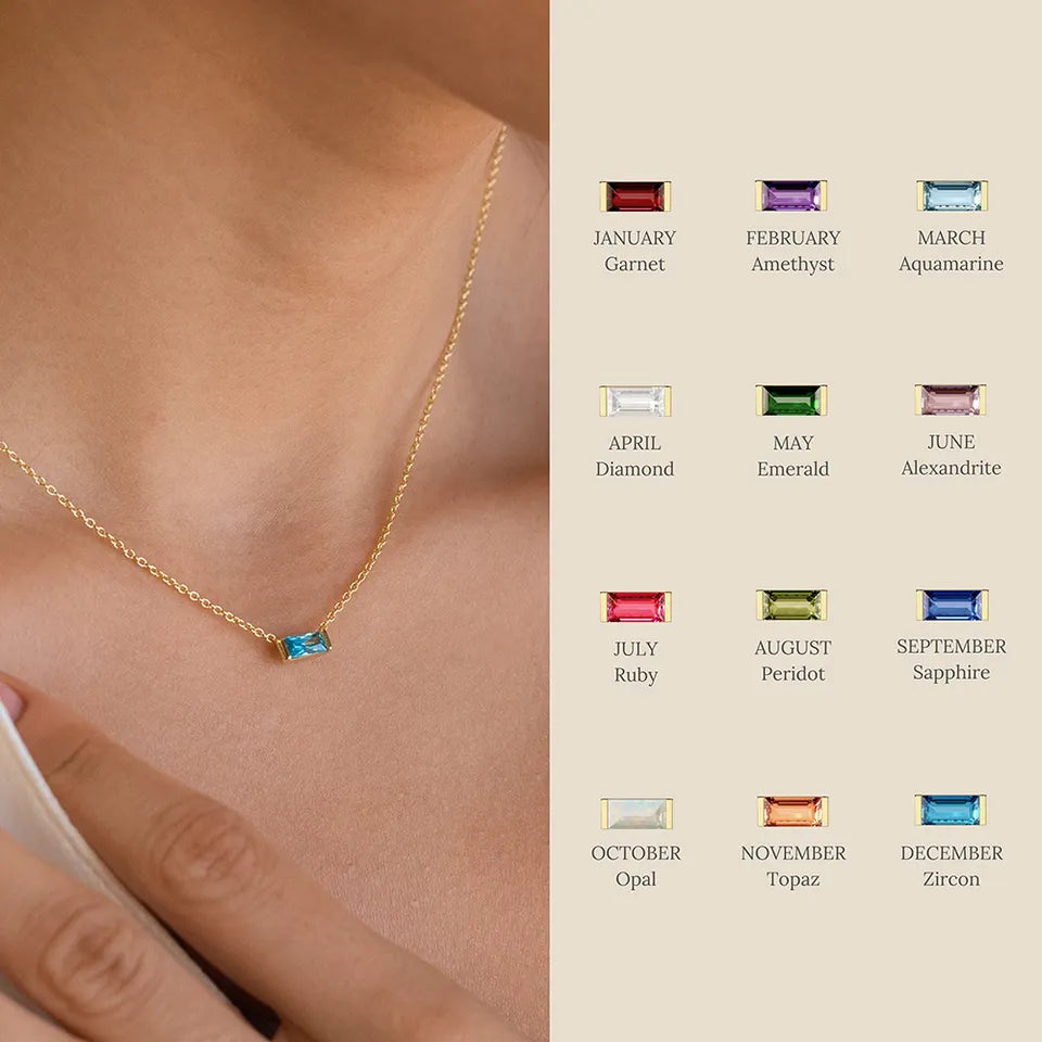Elegant 18K Gold-Plated Baguette Birthstone CZ Charm Necklace for Every Occasion