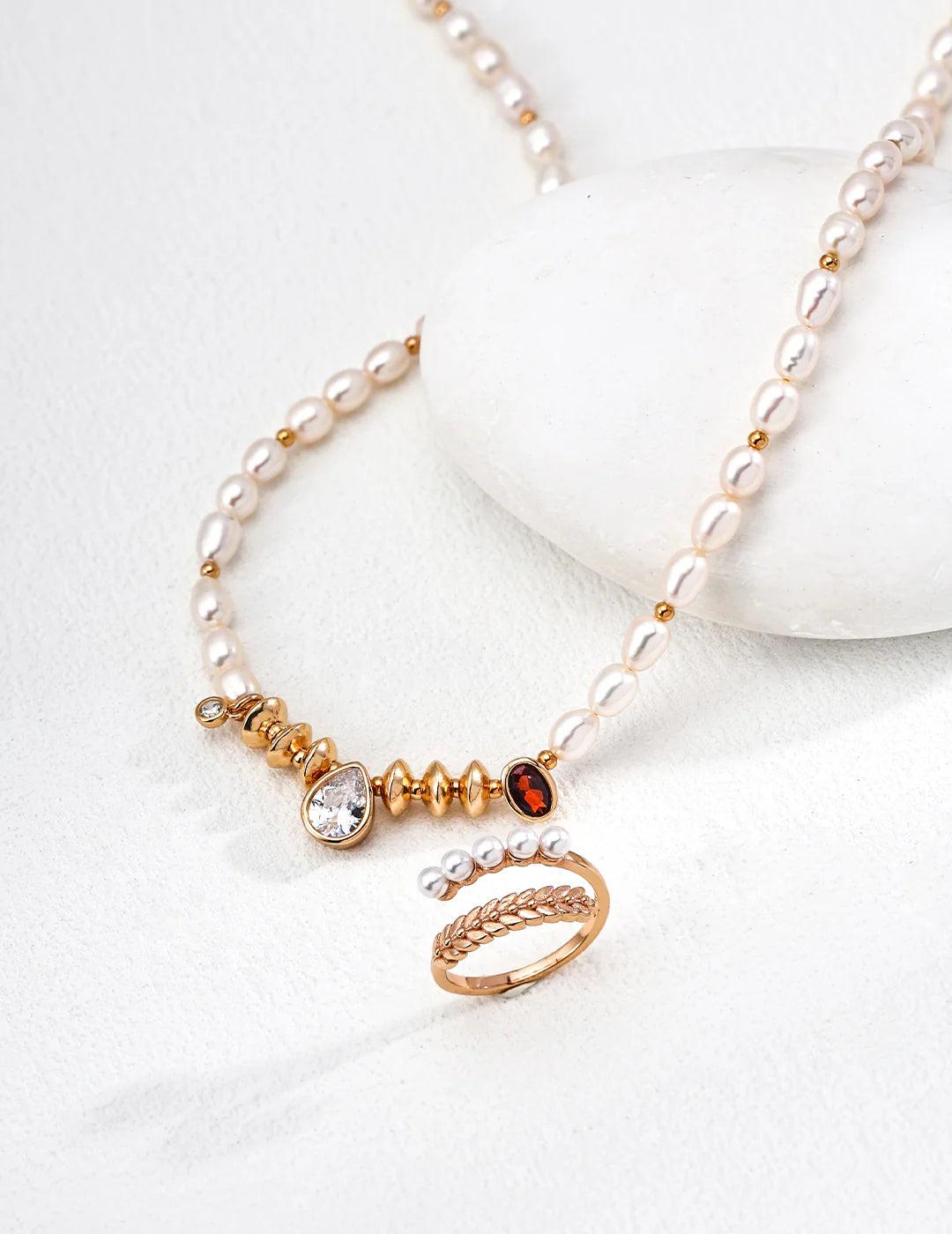 Elegant Handmade Natural Pearl and Zircon Necklace with Gold Vermeil Accents