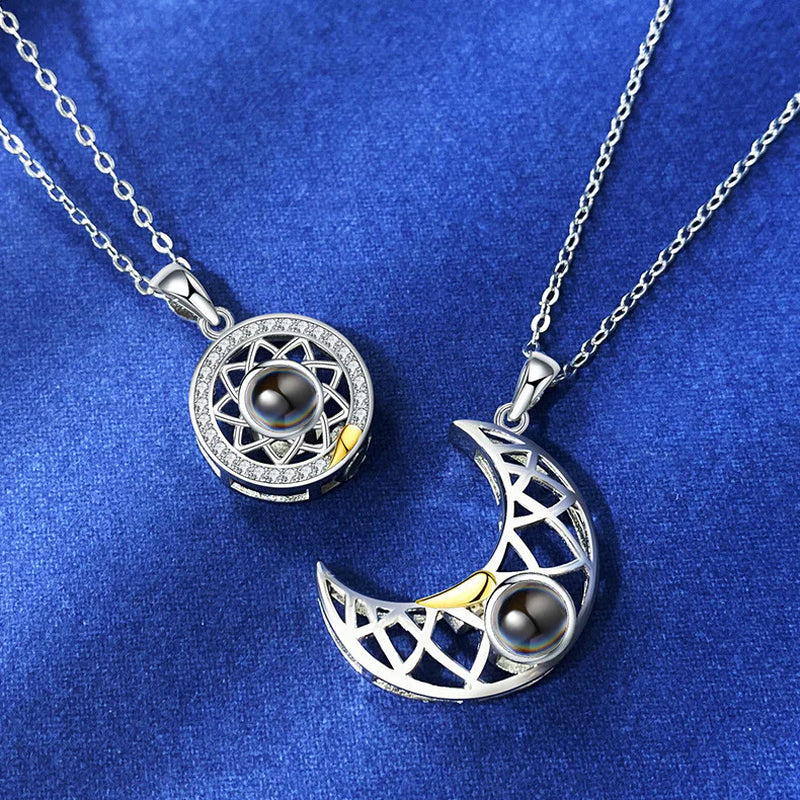 Enchanting Sun and Moon Couple Projection Necklaces - I Love You in 100 Languages