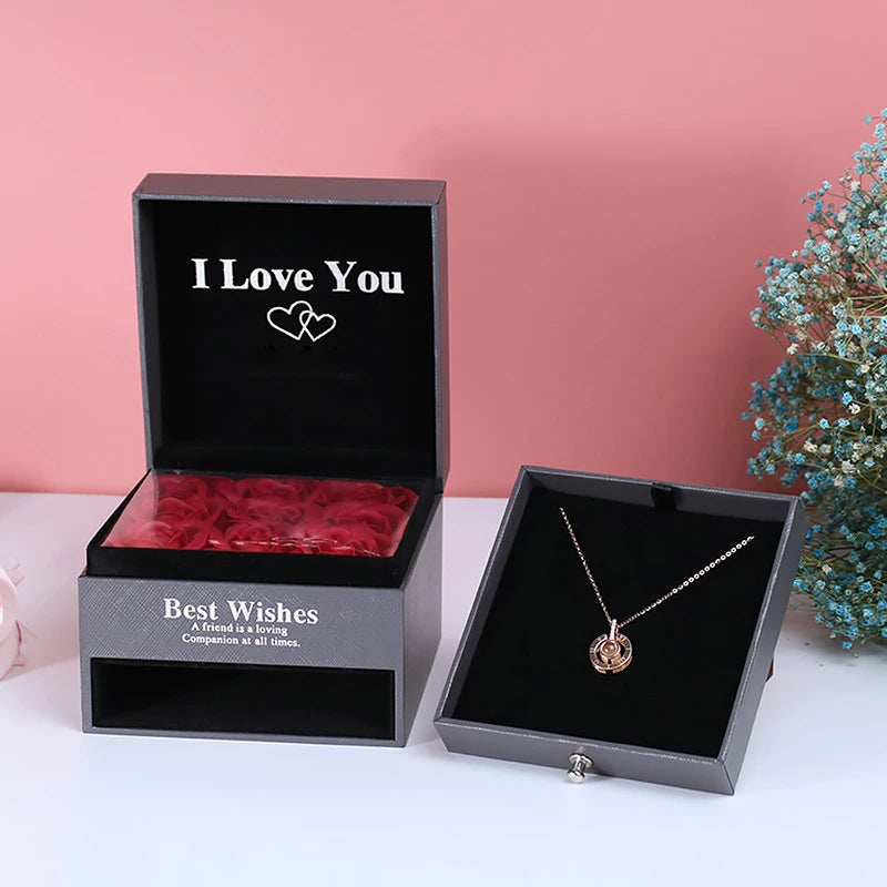 Enchanting Love Zircon Necklace: 100 Languages of 'I Love You' Pendant with 9 Roses Gift Box - The Perfect Romantic Accessory for Women