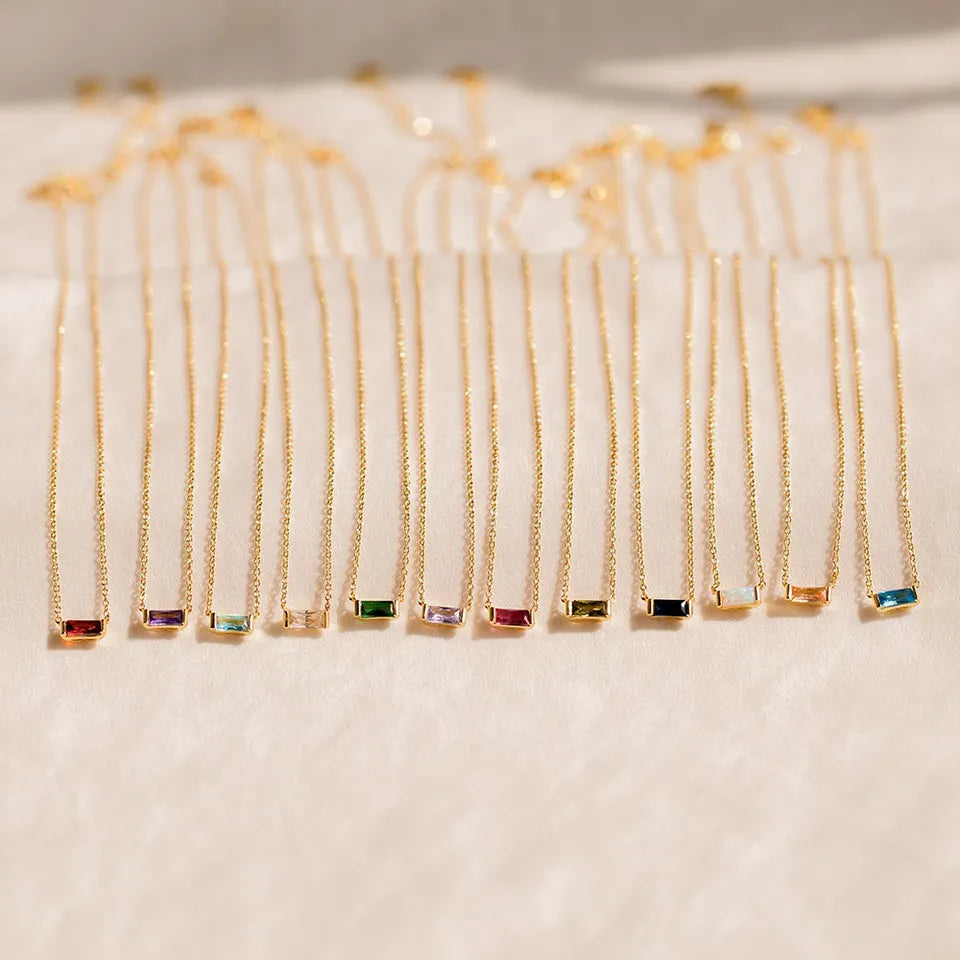 Elegant 18K Gold-Plated Baguette Birthstone CZ Charm Necklace for Every Occasion