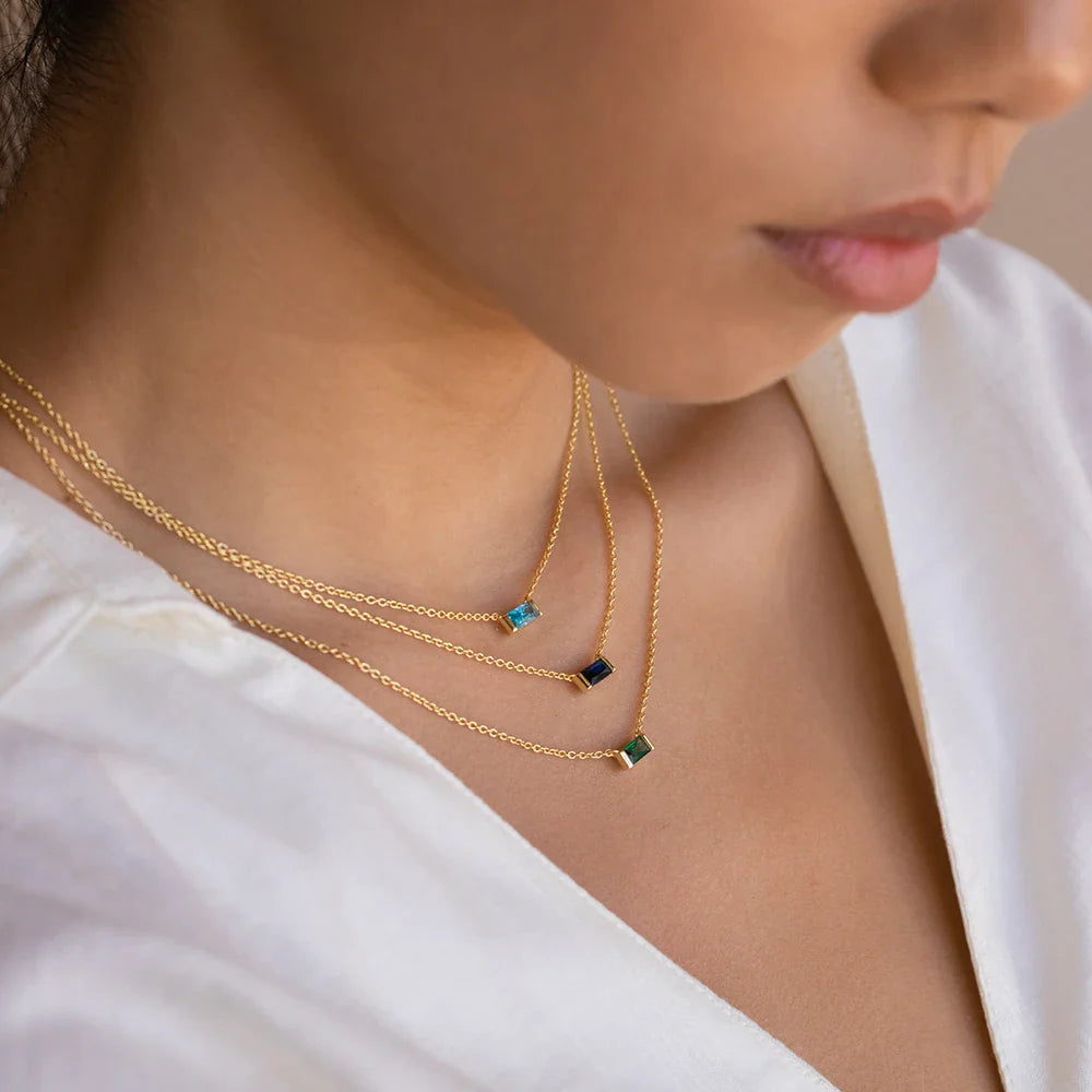 Elegant 18K Gold-Plated Baguette Birthstone CZ Charm Necklace for Every Occasion