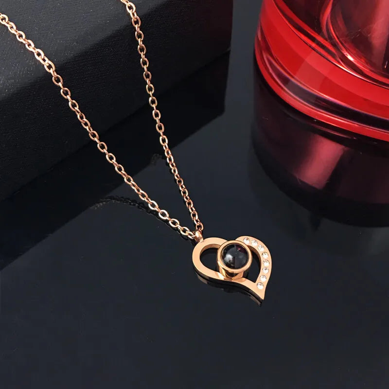 Enchanting Love Heart Projection Necklace - 100 Languages I Love You Pendant with Elegant Rose Gift Box for Your Special Someone