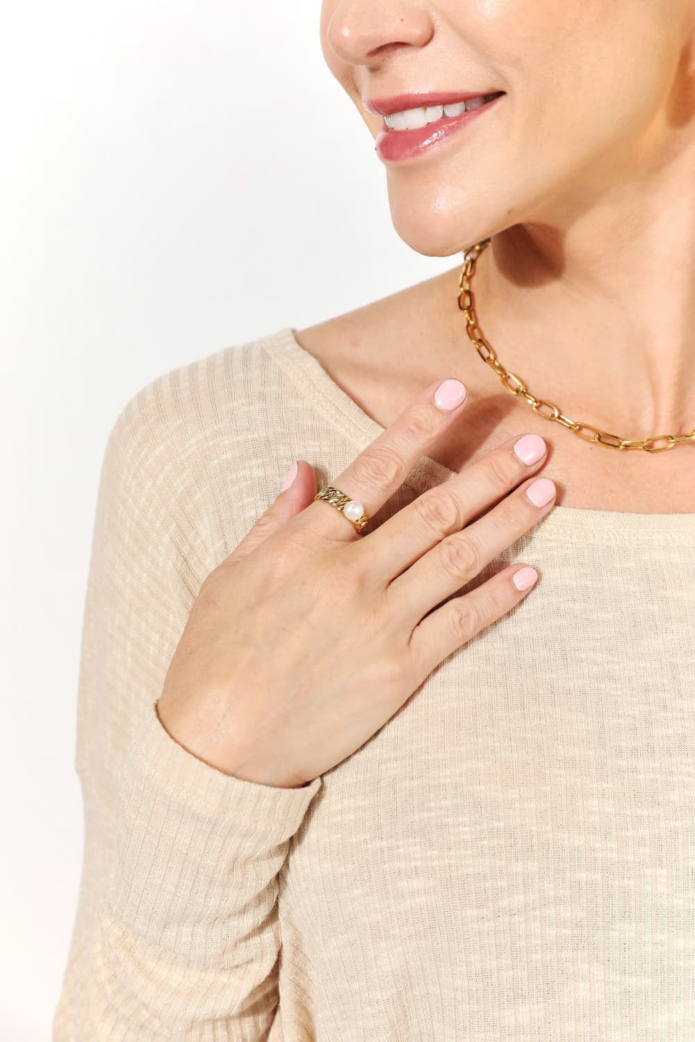 Elegant Adored Pearl Open Ring in Stainless Steel with 18K Gold Plating