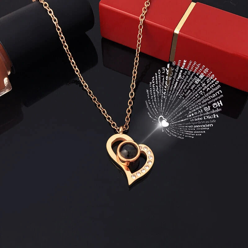 Enchanting Love Heart Projection Necklace - 100 Languages I Love You Pendant with Elegant Rose Gift Box for Your Special Someone
