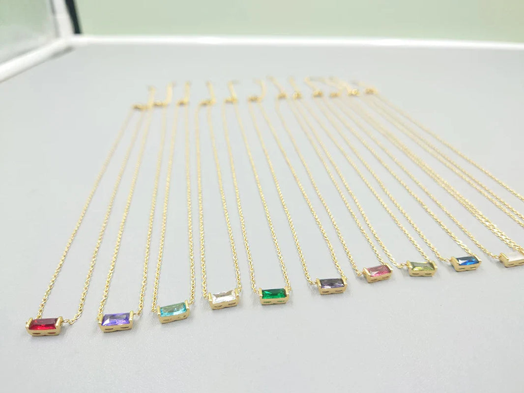 Elegant 18K Gold-Plated Baguette Birthstone CZ Charm Necklace for Every Occasion