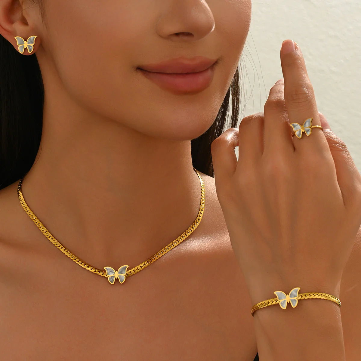 Elegant 4-Piece 18K Gold Plated Butterfly Jewelry Set: Necklace, Earrings, Bracelet, and Ring