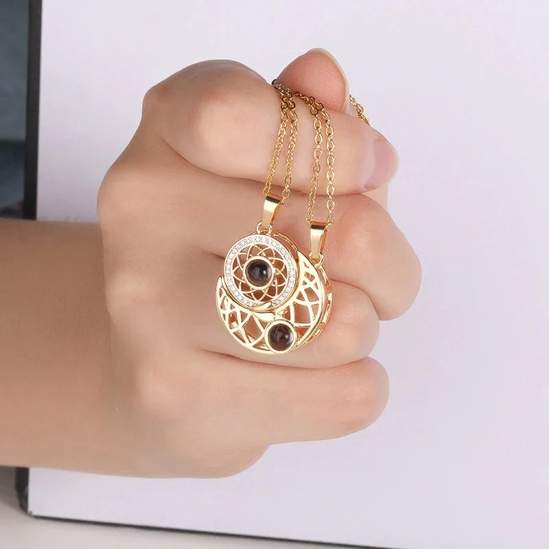Enchanting Sun and Moon Couple Projection Necklaces - I Love You in 100 Languages