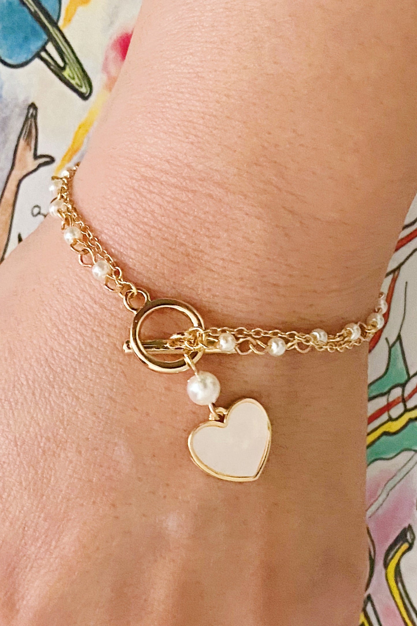 Elegant Layered Pearl Chain Bracelet with Heart Charm