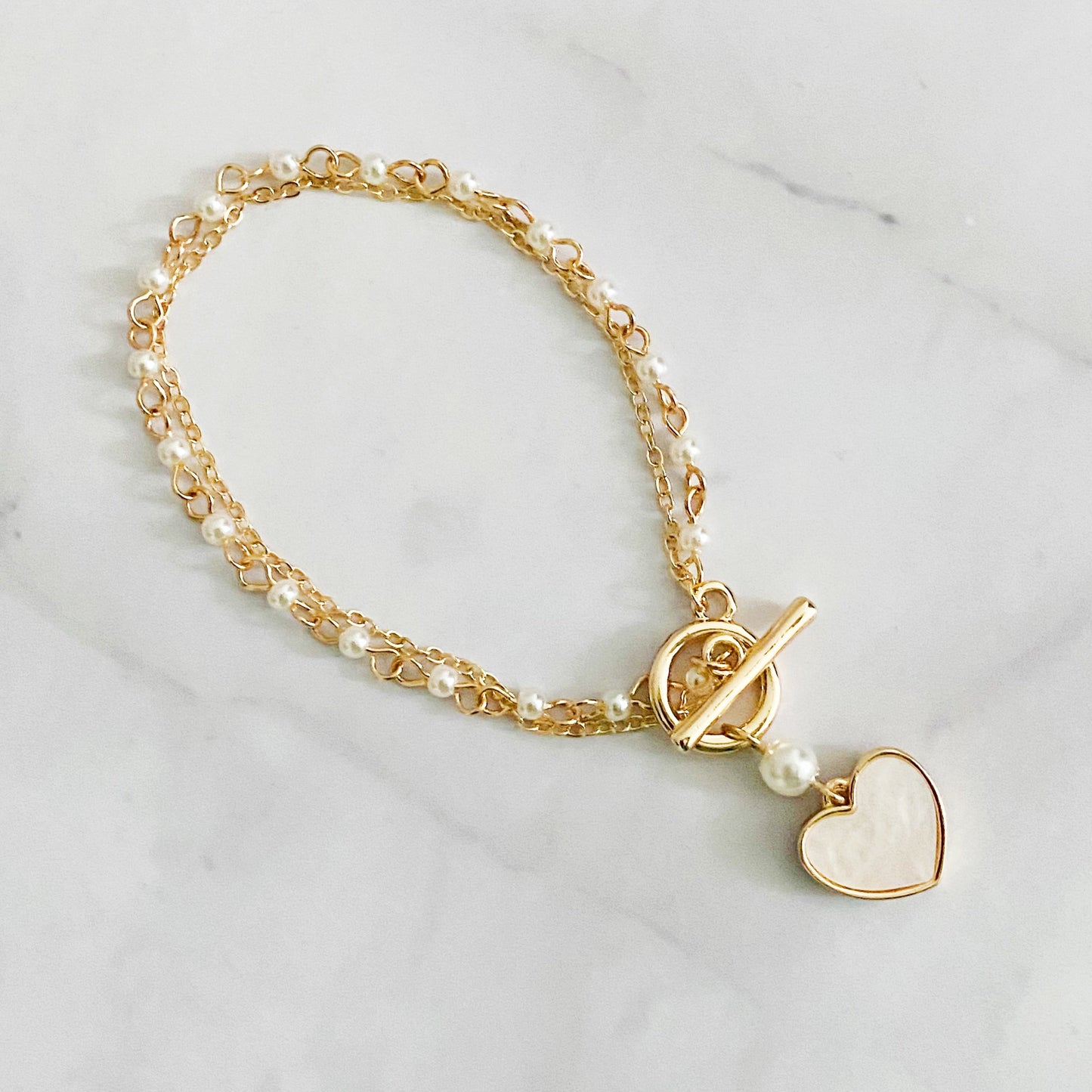 Elegant Layered Pearl Chain Bracelet with Heart Charm