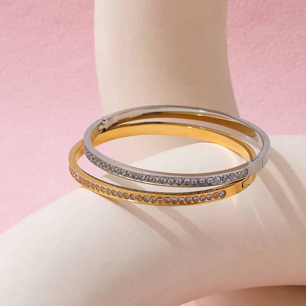 Dazzling Zirconia Bangle Bracelet - Luxurious Silver & Gold Plated Elegance