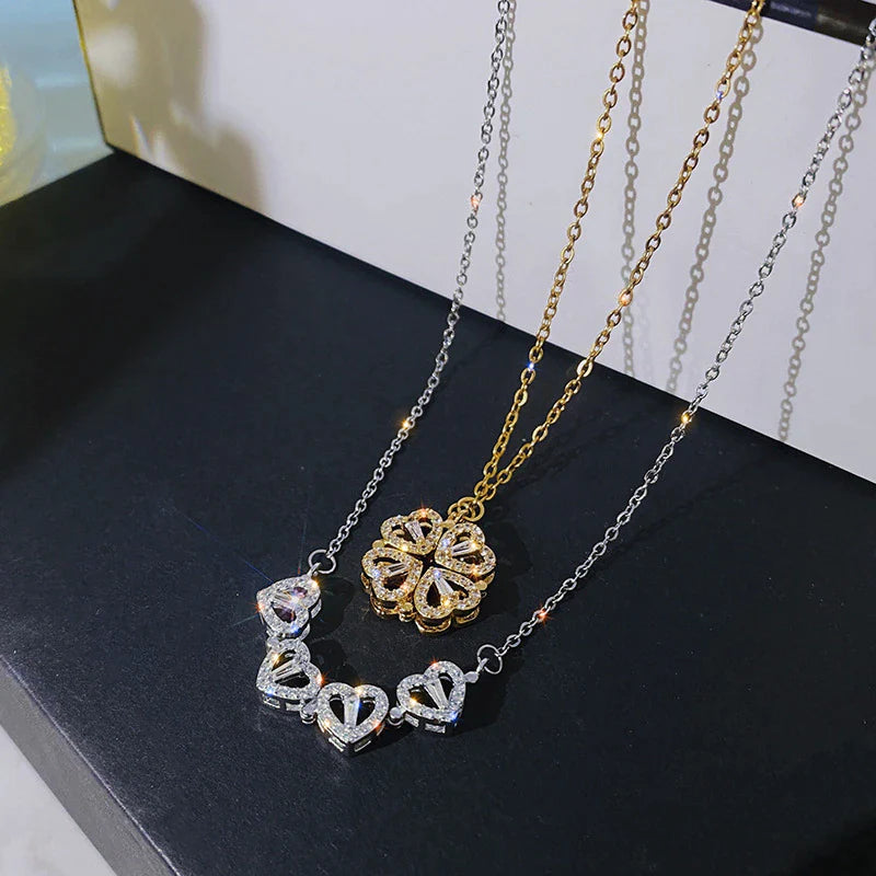 Chic Two-Way Wear Heart-Shaped Four-Leaf Clover Pendant Necklace - A Unique Jewelry Gift for Every Occasion