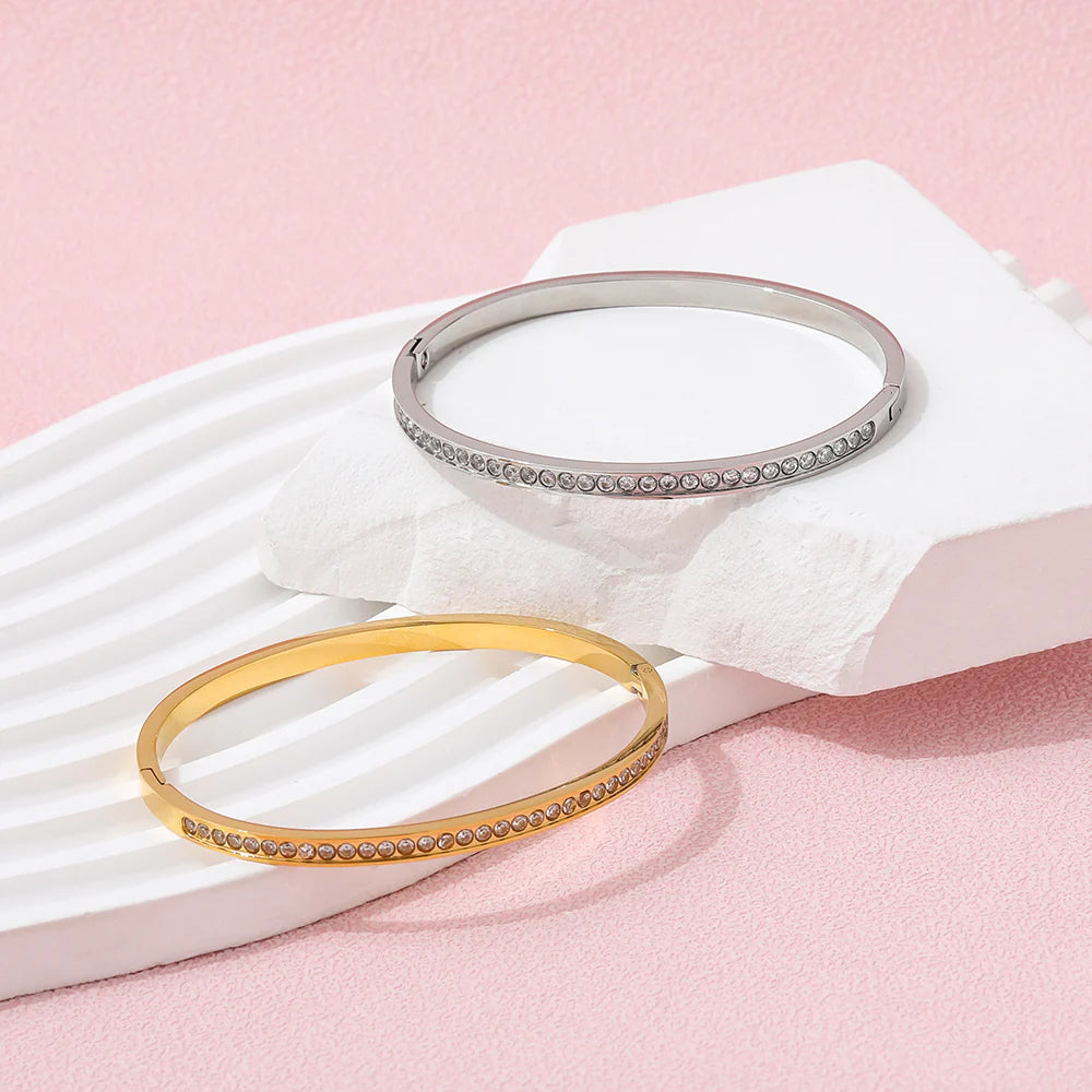 Dazzling Zirconia Bangle Bracelet - Luxurious Silver & Gold Plated Elegance