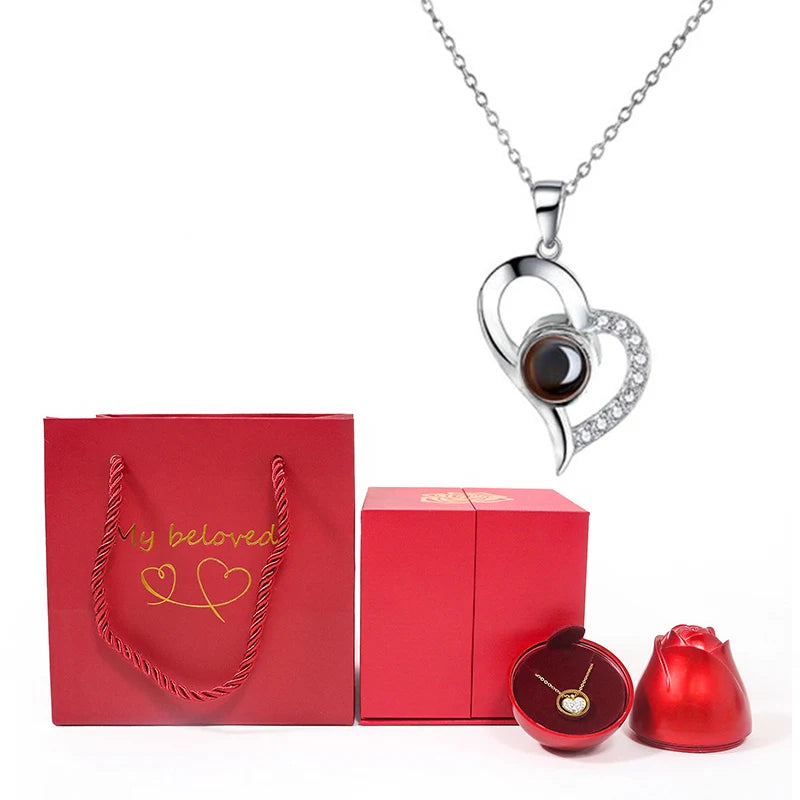 Enchanting Love Heart Projection Necklace - 100 Languages I Love You Pendant with Elegant Rose Gift Box for Your Special Someone