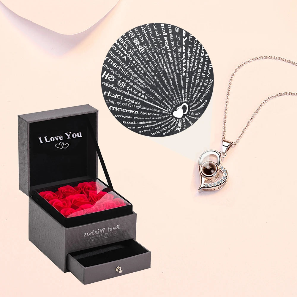 Enchanting Love Zircon Necklace: 100 Languages of 'I Love You' Pendant with 9 Roses Gift Box - The Perfect Romantic Accessory for Women