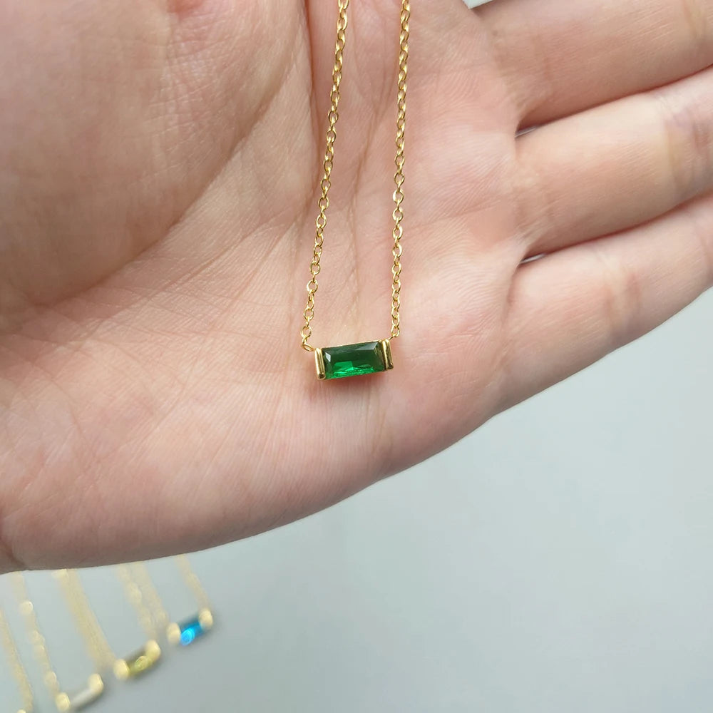 Elegant 18K Gold-Plated Baguette Birthstone CZ Charm Necklace for Every Occasion