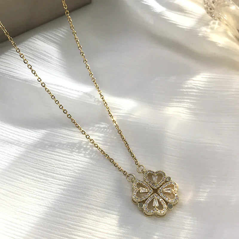 Chic Two-Way Wear Heart-Shaped Four-Leaf Clover Pendant Necklace - A Unique Jewelry Gift for Every Occasion