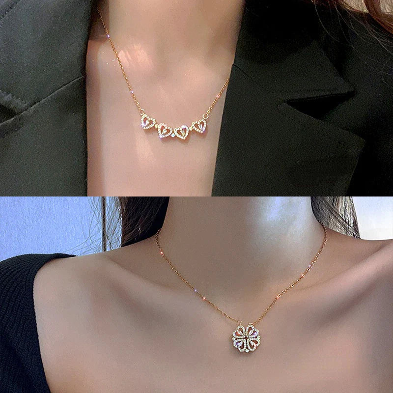 Chic Two-Way Wear Heart-Shaped Four-Leaf Clover Pendant Necklace - A Unique Jewelry Gift for Every Occasion