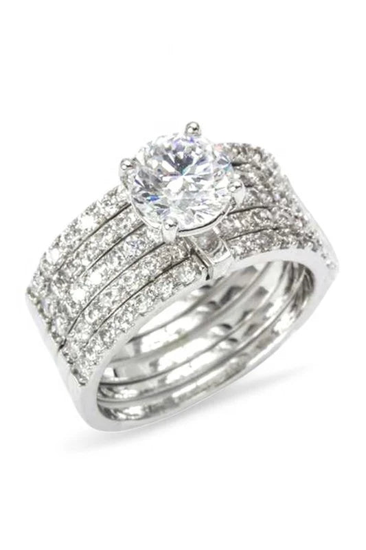 Elegant Stacking Layers Cubic Zirconia Ring - Rhodium Plated Brass Jewelry