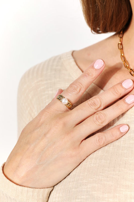 Elegant Adored Pearl Open Ring in Stainless Steel with 18K Gold Plating