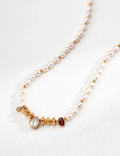 Elegant Handmade Natural Pearl and Zircon Necklace with Gold Vermeil Accents