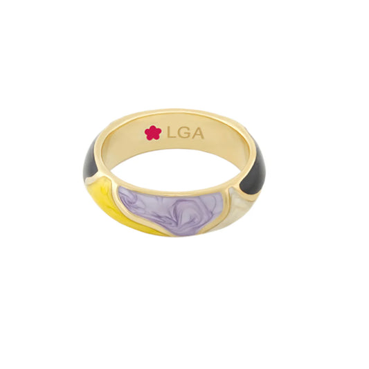 Elegant Earth Wind Stackable Ring with Hand-Painted Purple Enamel and 18k Gold Plating