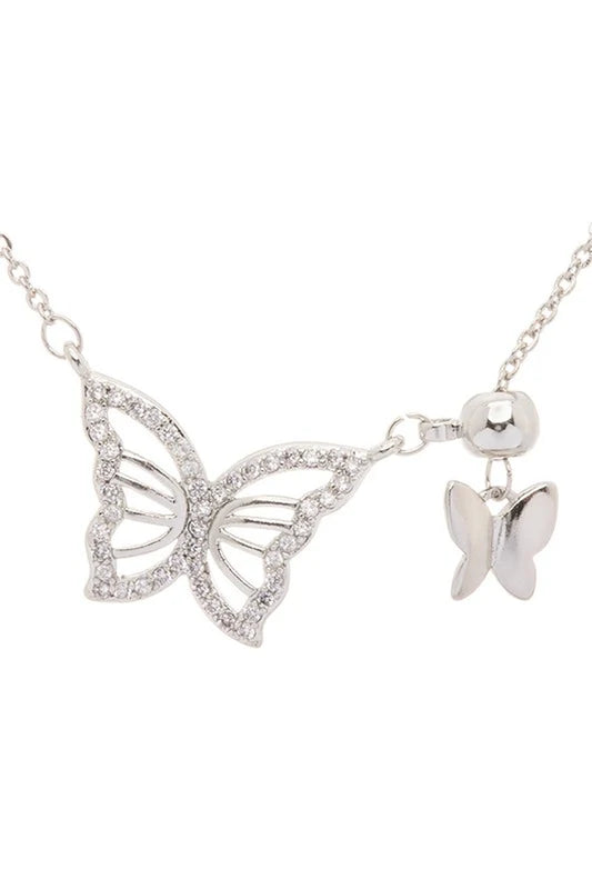 Elegant Double Butterfly Charm Cubic Zirconia Pendant Necklace with Adjustable Length