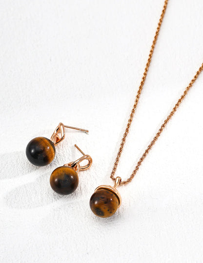 Elegant Round Tiger's Eye Earrings with Gold Vermeil Accents