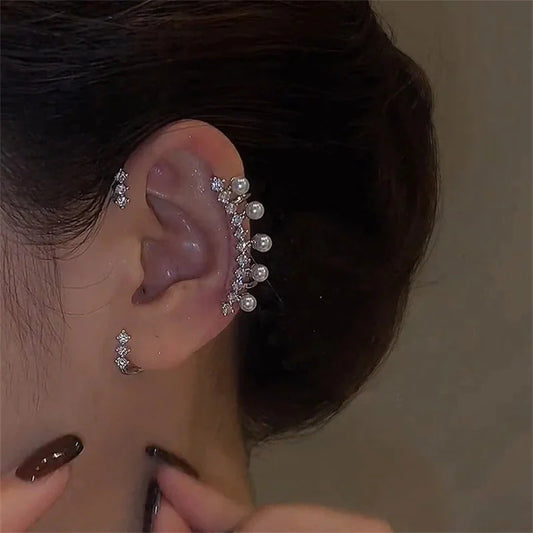 Elegant Silver Pearl Ear Cuff with Vintage Crystal Zircon - No Piercing Required Fashion Jewelry for Women
