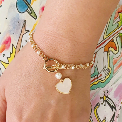 Elegant Layered Pearl Chain Bracelet with Heart Charm