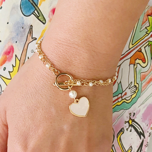 Elegant Layered Pearl Chain Bracelet with Heart Charm