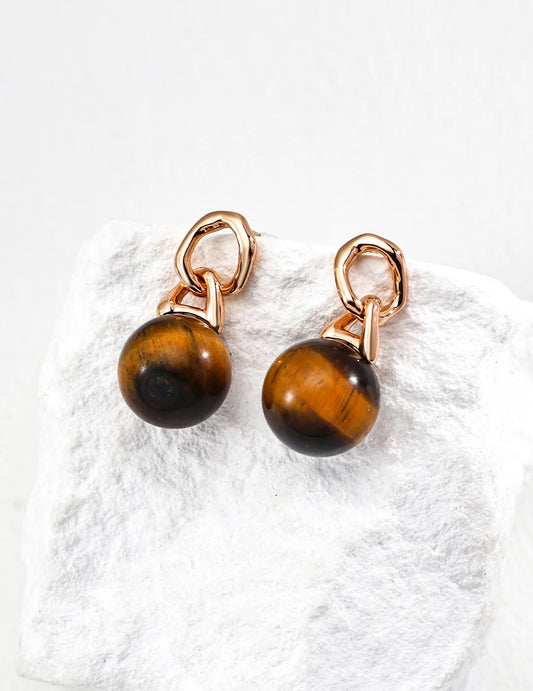 Elegant Round Tiger's Eye Earrings with Gold Vermeil Accents