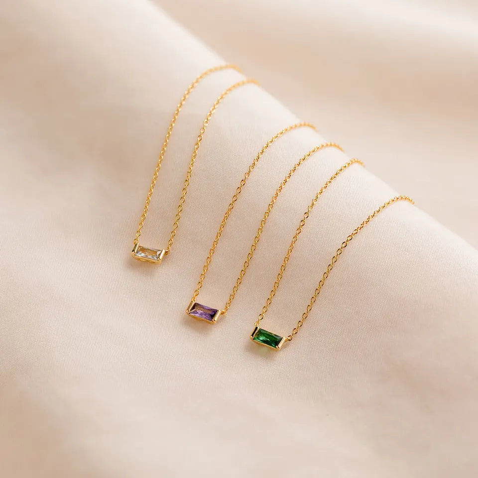 Elegant 18K Gold-Plated Baguette Birthstone CZ Charm Necklace for Every Occasion