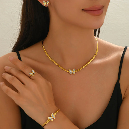 Elegant 4-Piece 18K Gold Plated Butterfly Jewelry Set: Necklace, Earrings, Bracelet, and Ring