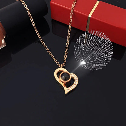Enchanting Love Heart Projection Necklace - 100 Languages I Love You Pendant with Elegant Rose Gift Box for Your Special Someone