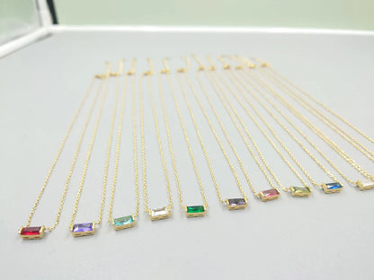 Elegant 18K Gold-Plated Baguette Birthstone CZ Charm Necklace for Every Occasion