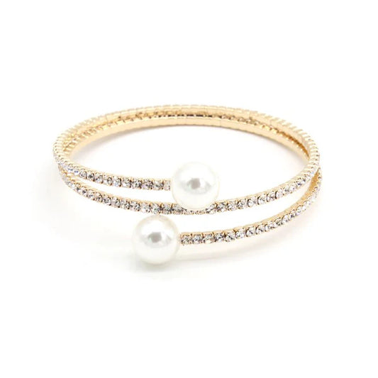 Elegant Spiral Rhinestone Cuff Bracelet Adorned with Pearls
