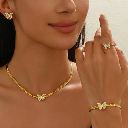 Elegant 4-Piece 18K Gold Plated Butterfly Jewelry Set: Necklace, Earrings, Bracelet, and Ring