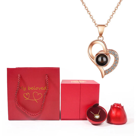 Enchanting Love Heart Projection Necklace - 100 Languages I Love You Pendant with Elegant Rose Gift Box for Your Special Someone