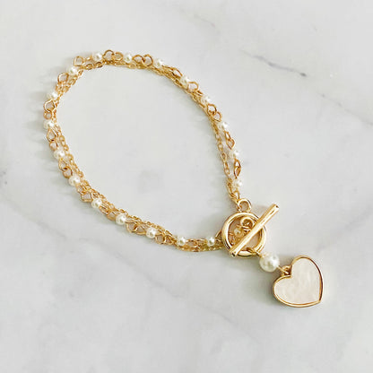 Elegant Layered Pearl Chain Bracelet with Heart Charm