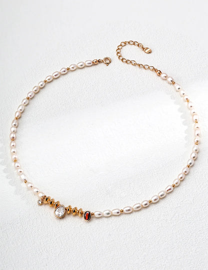 Elegant Handmade Natural Pearl and Zircon Necklace with Gold Vermeil Accents