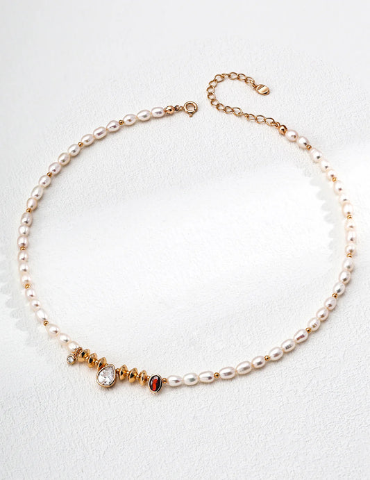 Elegant Handmade Natural Pearl and Zircon Necklace with Gold Vermeil Accents