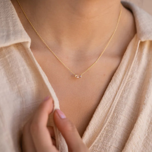 Elegant 18K Gold-Plated Baguette Birthstone CZ Charm Necklace for Every Occasion