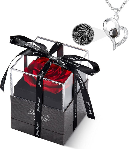 WILDLOVE Preserved Real Rose with I Love You Necklace - The Perfect Gift for Women, Moms, Grandmas, Wives, and Girlfriends for Any Occasion
