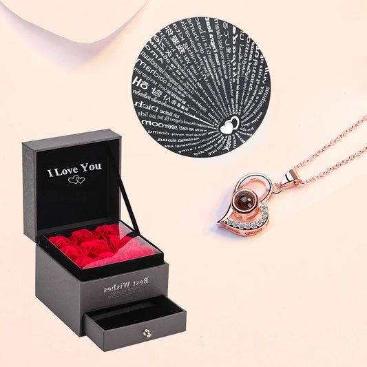 Enchanting Love Zircon Necklace: 100 Languages of 'I Love You' Pendant with 9 Roses Gift Box - The Perfect Romantic Accessory for Women